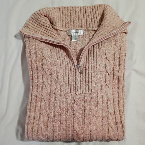 CJ Banks 1X Cable-Knit Petal-Pink Ribbed Cotton-Bend Zip-Collar Tunic Sweater - Picture 1 of 12